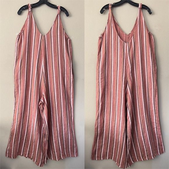 100% Lin Blanc Linen Striped Sleeveless Wide-Leg Palazzo Jumpsuit 36/US6 - Picture 2 of 8